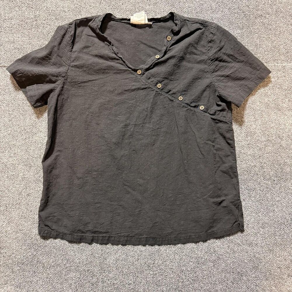 Hot Cotton Blouse Womens Medium Black V Neck Button Trim Short Sleeve Casual USA